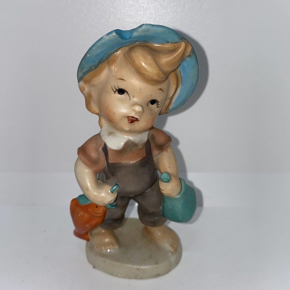 Vintage Ucagco Ceramics Japan Figurine Little Boy W/Fish Blue Hat 5” Tall